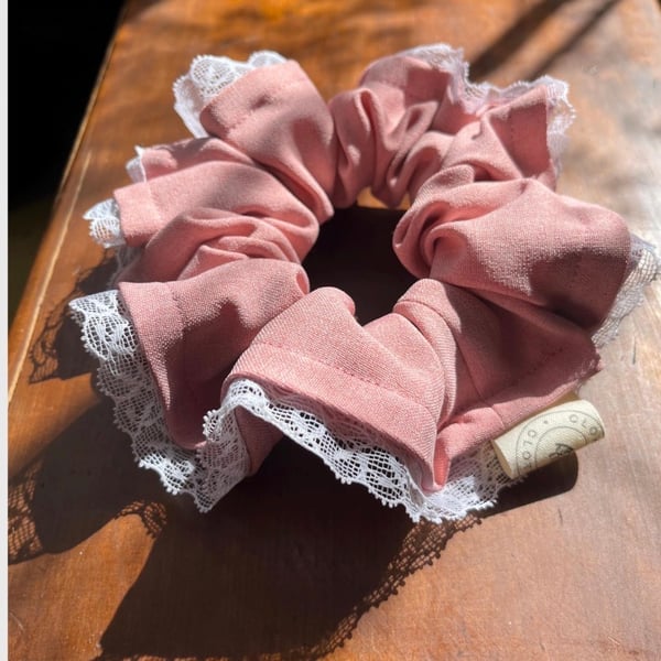 Oversized Pink Scrunchie with White Lace Trim