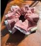 Oversized Pink Scrunchie with White Lace Trim