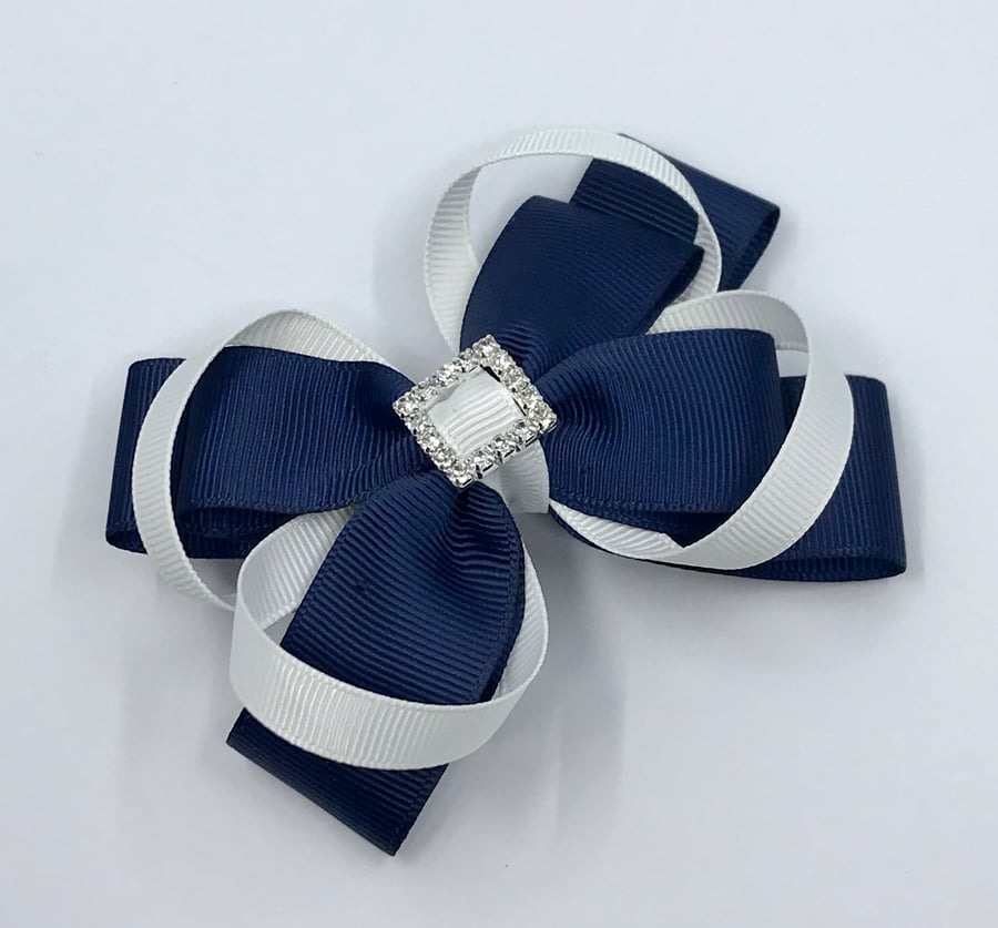 Navy Double Layer Bow with White Loops on Clip