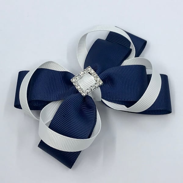 Navy Double Layer Bow with White Loops on Clip