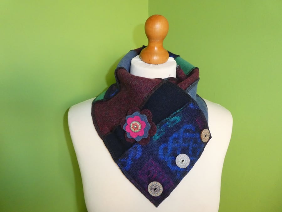 Neck Warmer Scarf with 3 button Trim. Upcycled Cowl. Felt Flower .No 4