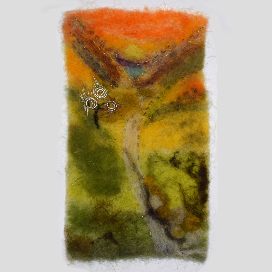 Abstract felted picture inspired by the Cumbrian hillside at sunset.