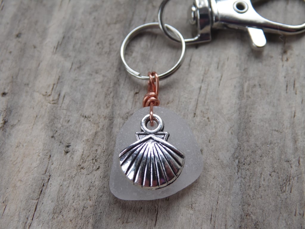White Cornish Sea Glass with Clam Shell Charm Bag Charm Keyring K514