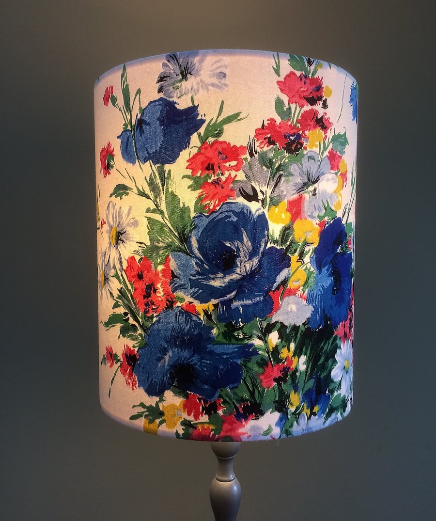 SALE FREE Post UK   Blue and Red Floral Country Vintage Fabric Lampshade