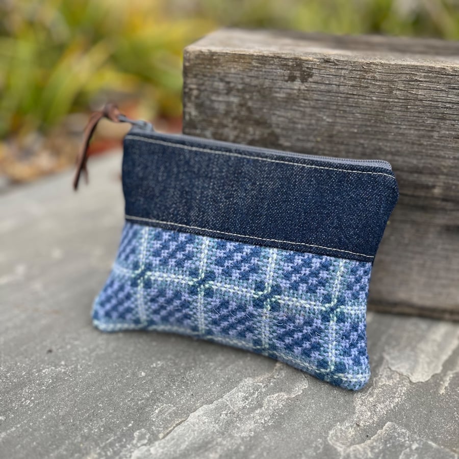 Vintage Welsh wool and dark denim coin purse small pouch