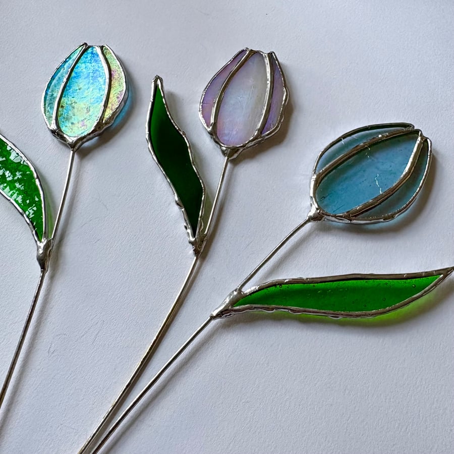 Individual iridescent teal blue stained glass tulip stem, handmade flowers