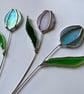 Individual iridescent teal blue stained glass tulip stem, handmade flowers