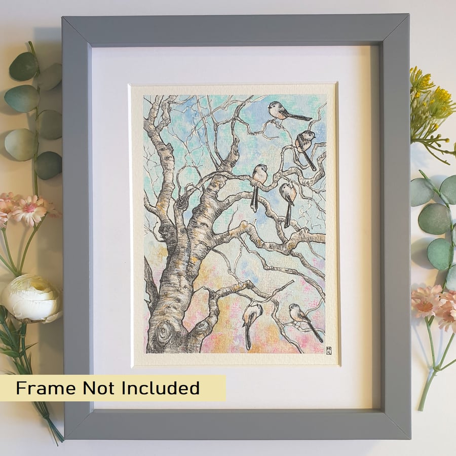 Long-tailed tits in a winter tree, original bird painting, wall art