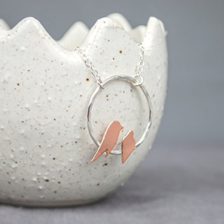 Two roosting copper birds necklace