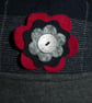 Wool Hat Created from Up-cycled Sweaters. Tartan and Grey with red Flower Pin - Image 3