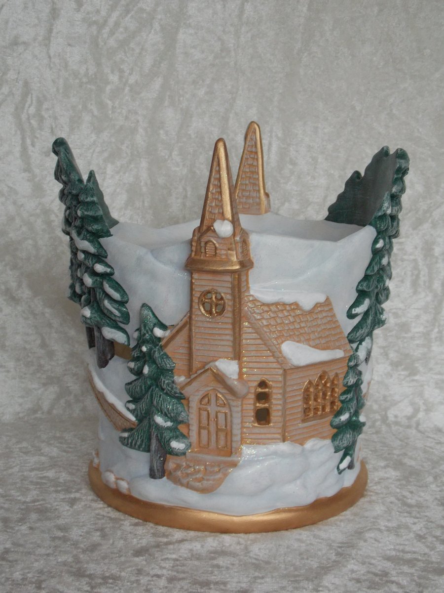 Large Ceramic Round Hand Painted Christmas Snowy Winter Church Candle Holder.