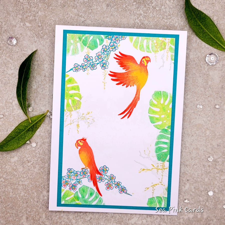 Blank Card - Birds, Leaves, Tropical, Note Card  Birthday 