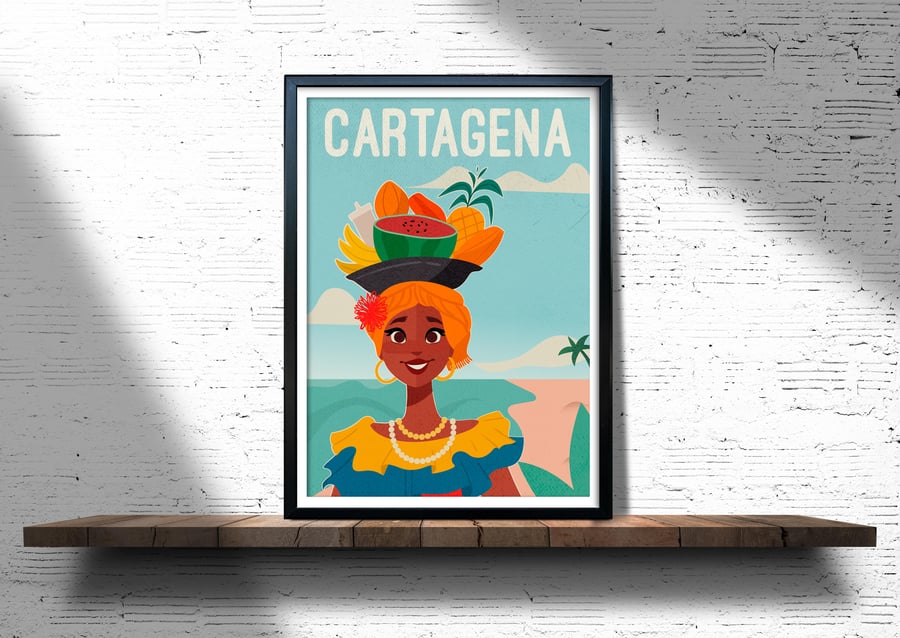 Cartagena retro travel poster, Colombian girl retro print, Colombia wall art