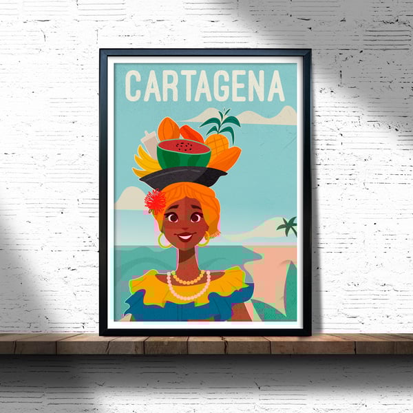 Cartagena retro travel poster, Colombian girl retro print, Colombia wall art