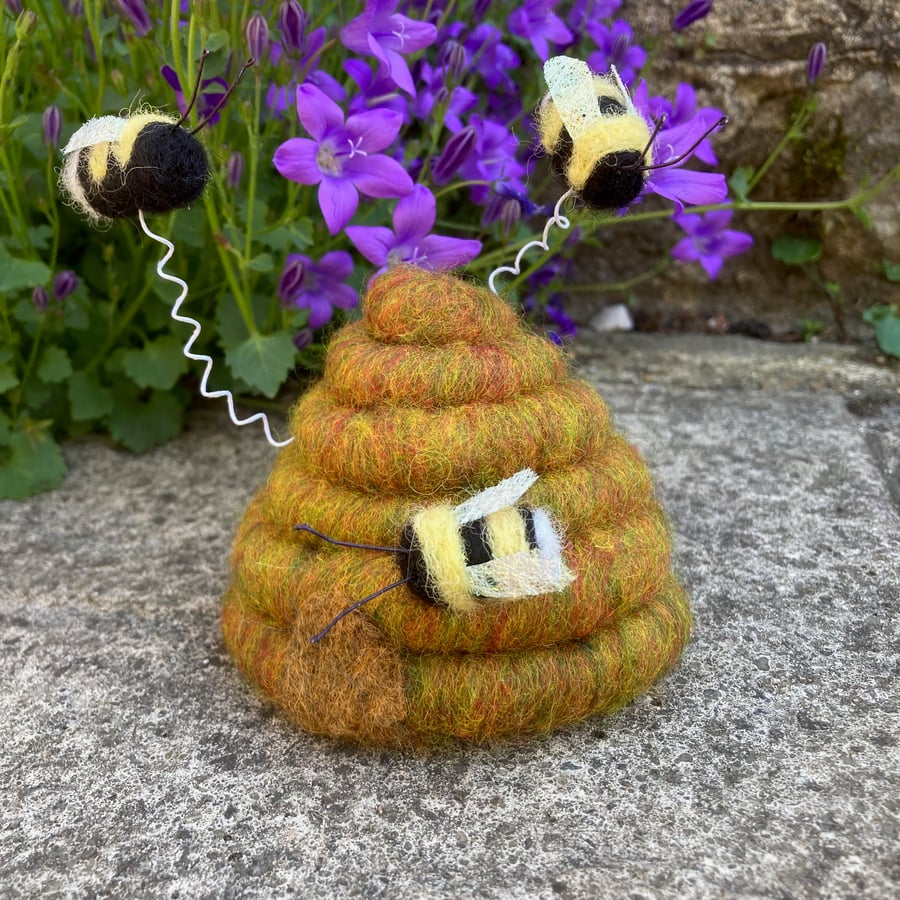 Bees around the hive, needle felted model