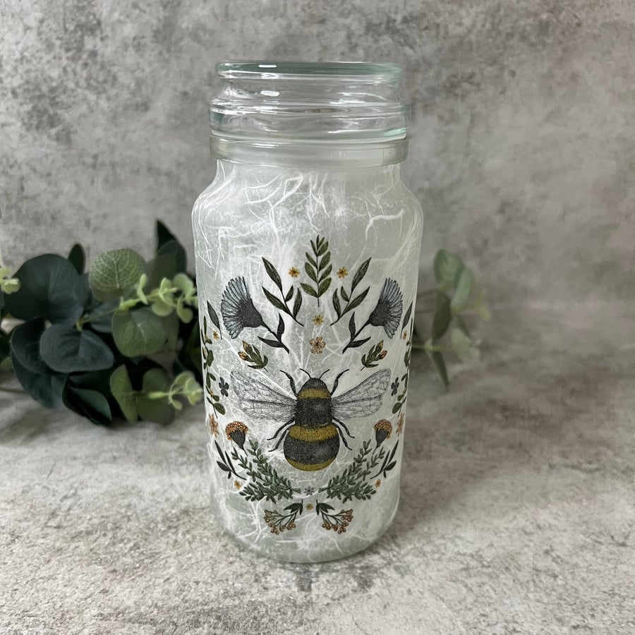 Decoupage Glass Storage Jar Bee Rustic Home Decor - Recycled & Upcycled