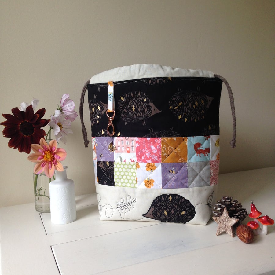Lovely Large cotton and Linen hedgehog patchwork project bag.