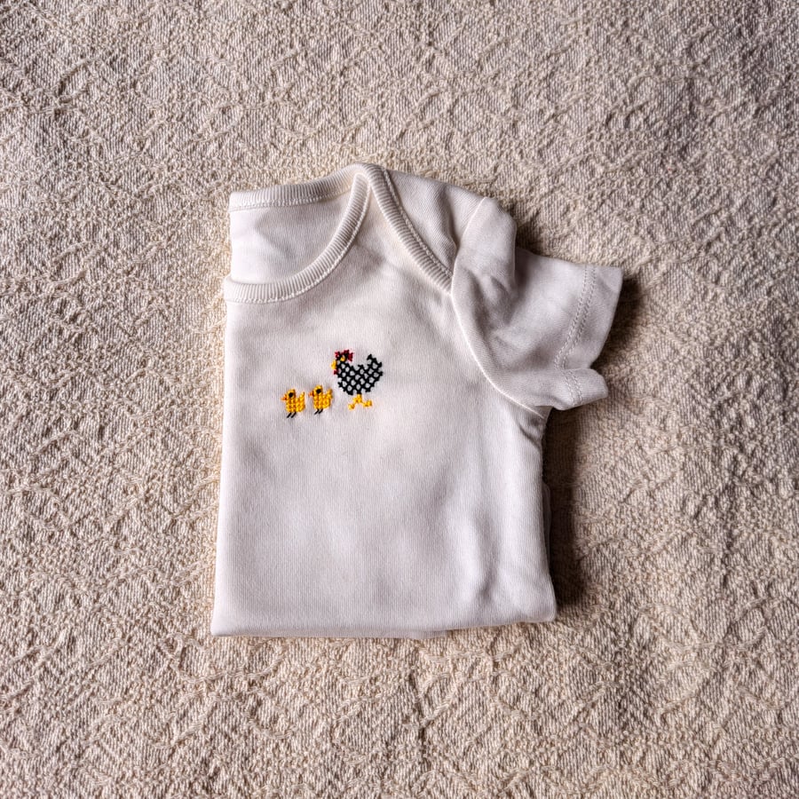 Hen and Chicks, Baby Vest, age 0-3 months, hand embroidered