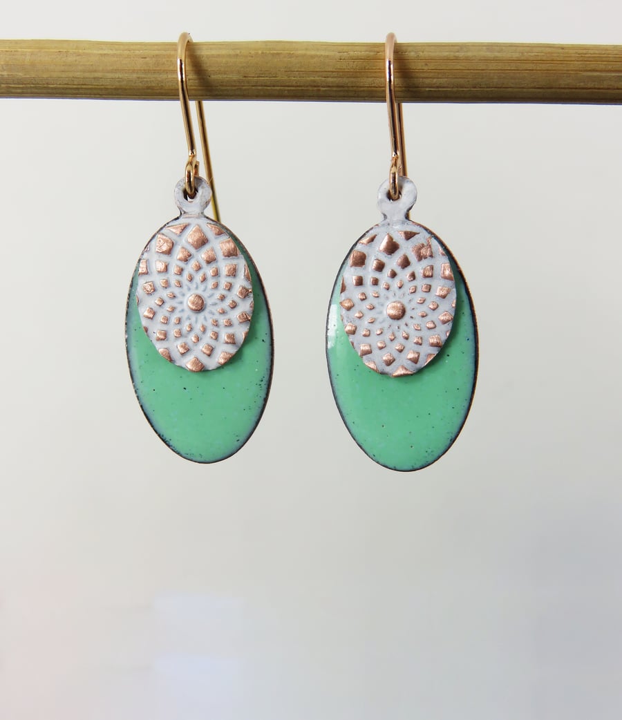 Double Oval Disc with Turquoise and White Enamel over Textured Copper