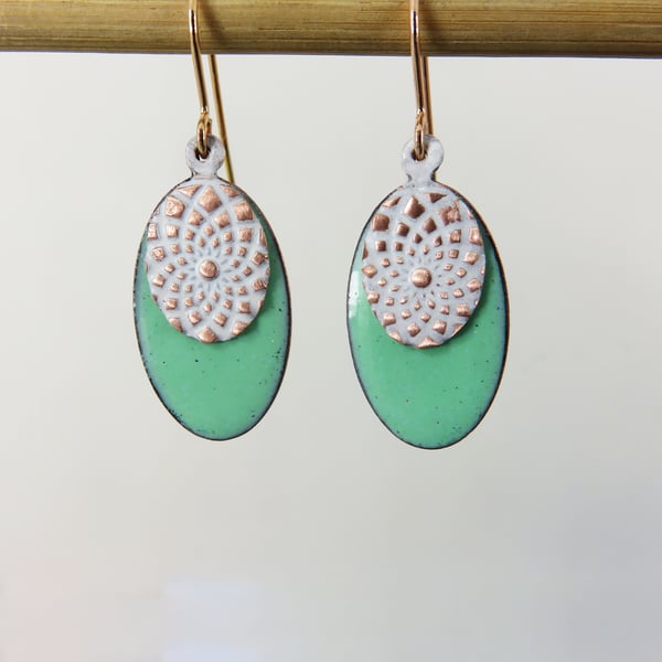 Double Oval Disc with Turquoise and White Enamel over Textured Copper