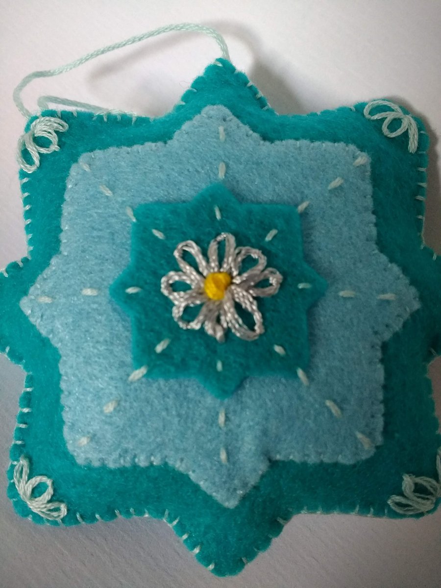 Blue star felt hanging decoration or handbag charm, hand stitched decoration