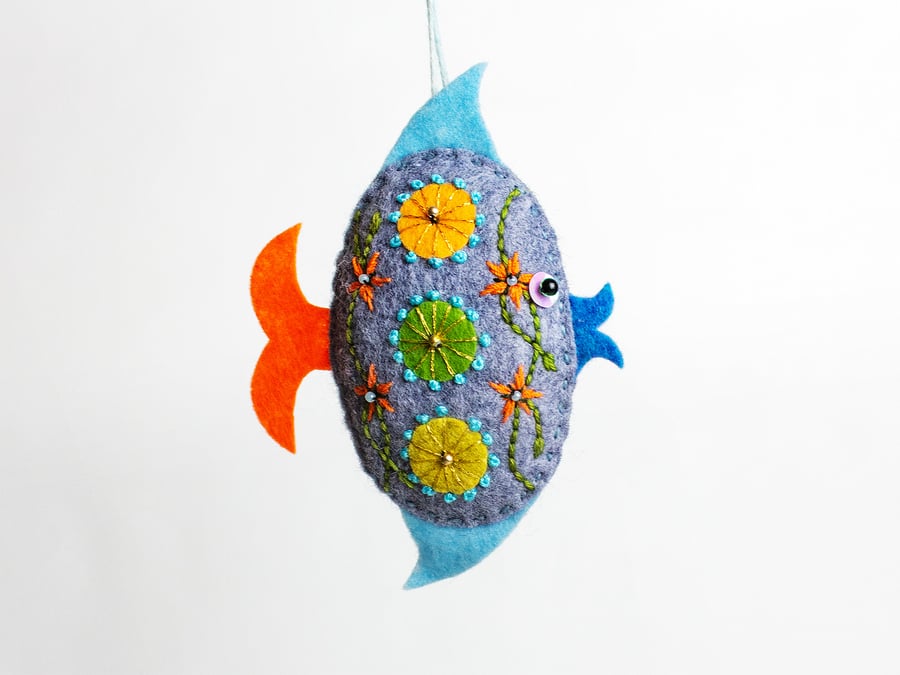 Angel fish - a blue felt hand embroidered hanging ornament or lavender bag