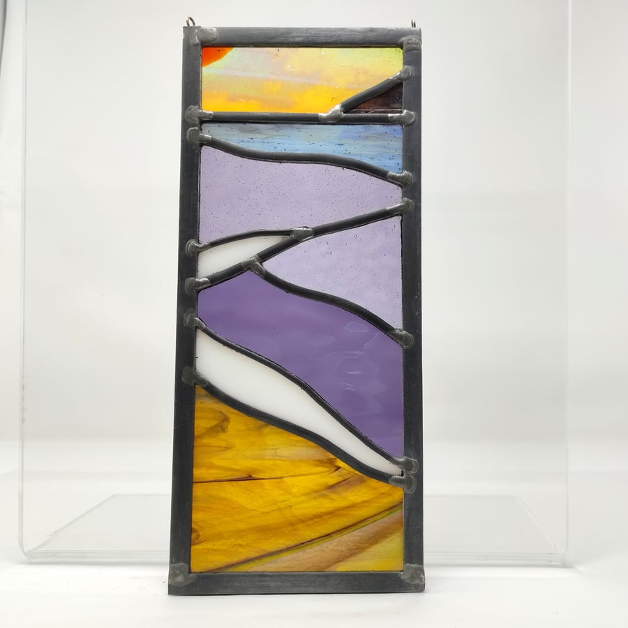 SOLD Stained glass sunset orange and purple seascape leaded panel