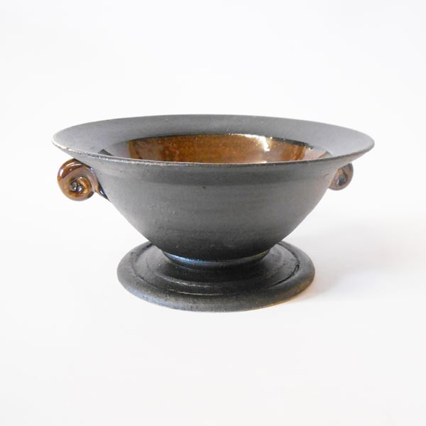 Bowl Gothic Gorgeous Stemmed Bowl with Twizzles, Black and Brass Ceramic.