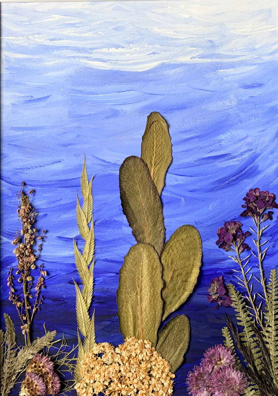 Original Mixed Media Acrylic Painting, 'Under the Sea', Pressed Framed Flowers