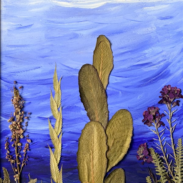 Original Mixed Media Acrylic Painting, 'Under the Sea', Pressed Framed Flowers