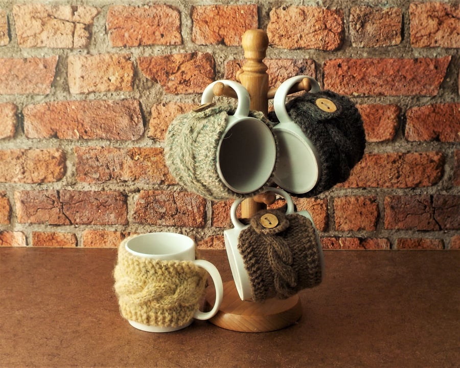 Mug cosy handknit British wool with handmade wooden button useful little gift