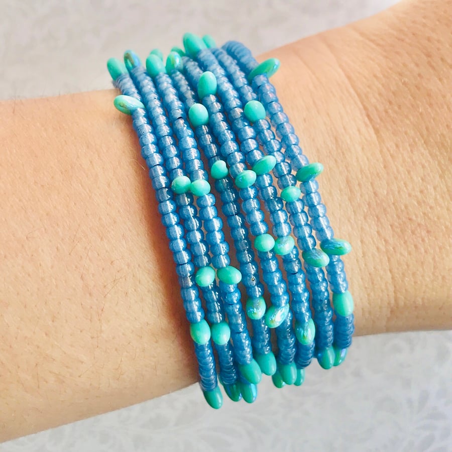 Blue Statement Memory Wire Bracelet 