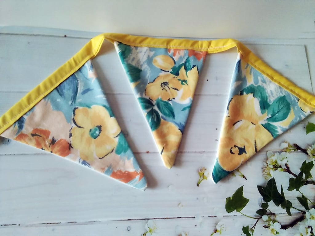Yellow floral bunting, reusable cotton floral bunting 