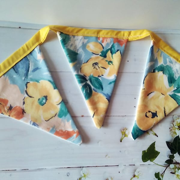 Yellow floral bunting, reusable cotton floral bunting 
