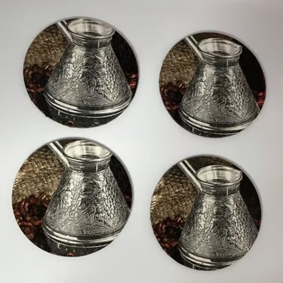Image of Cezve Turkish Coffee Pot Design Decorated set 4 Wooden Coasters