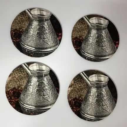 Cezve Turkish Coffee Pot Design Decorated set 4 Wooden Coasters
