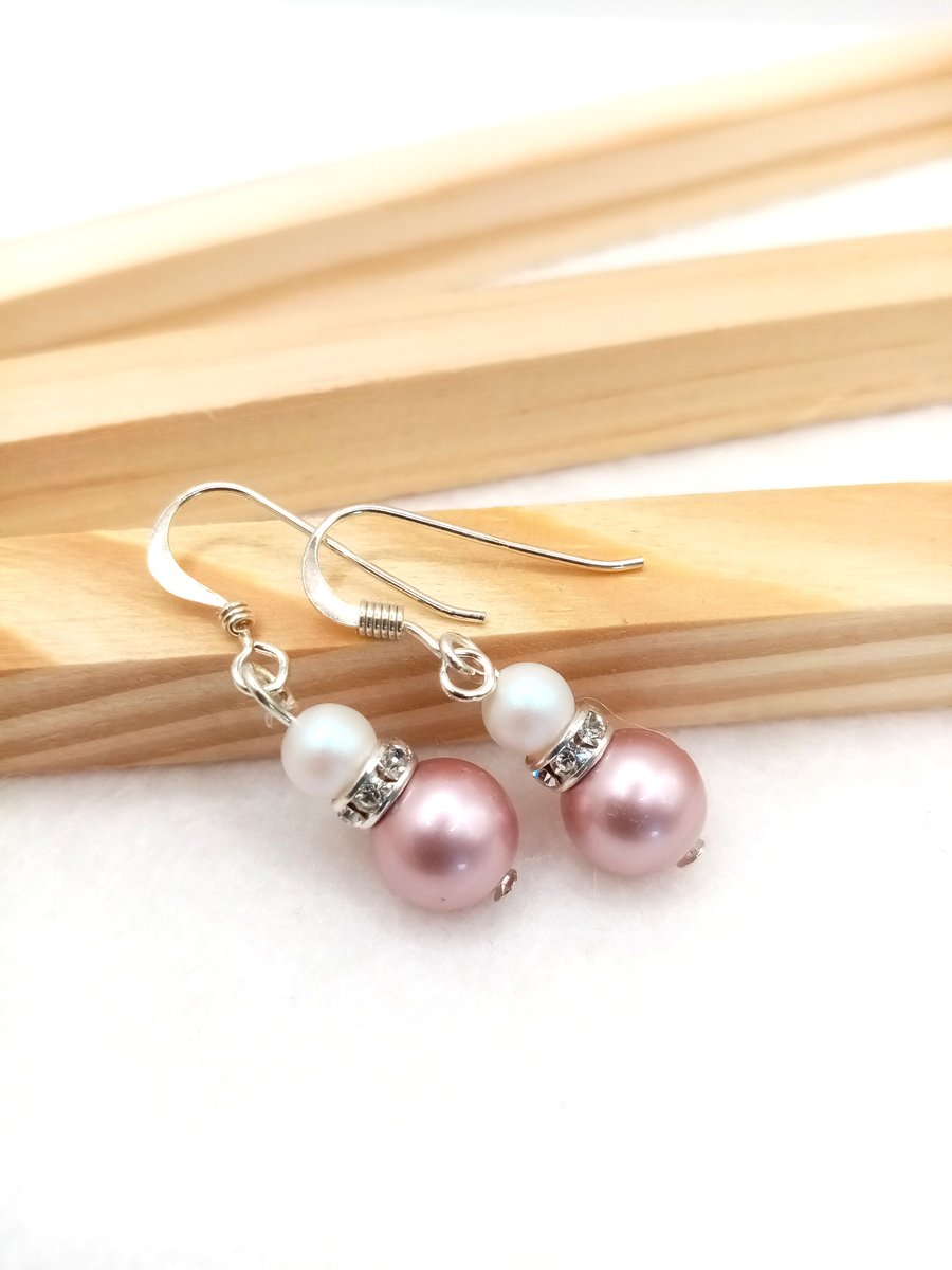 Austrian Crystal Pearl Earrings in Dusky Pink - Pink Pearl