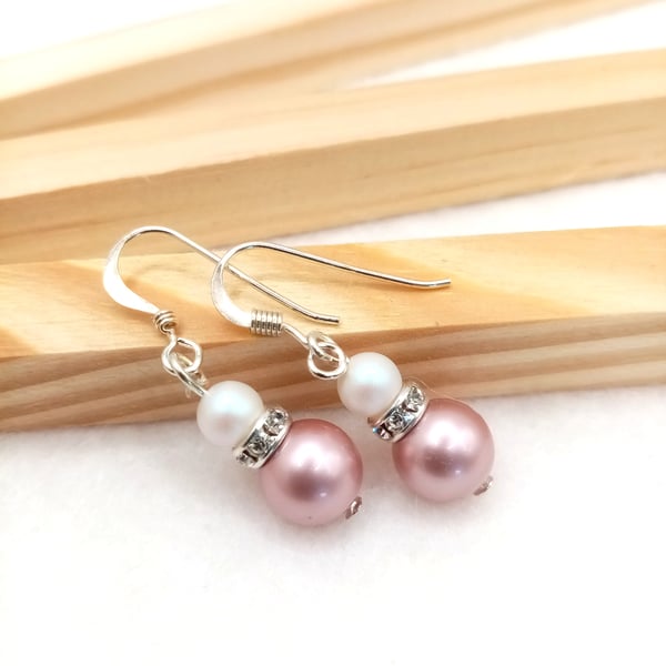 Austrian Crystal Pearl Earrings in Dusky Pink - Pink Pearl
