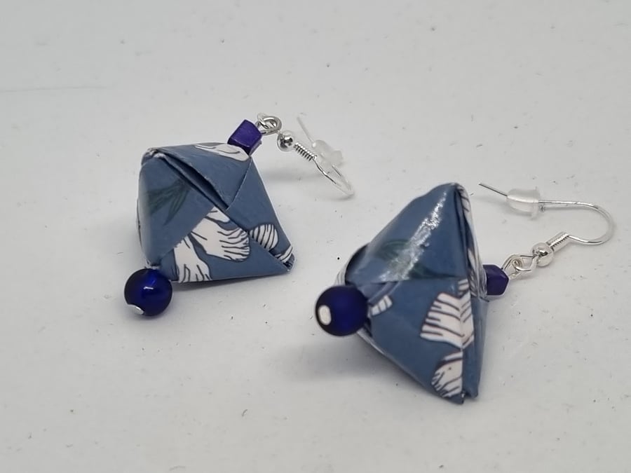  Blue floral earrings - paper and small beads