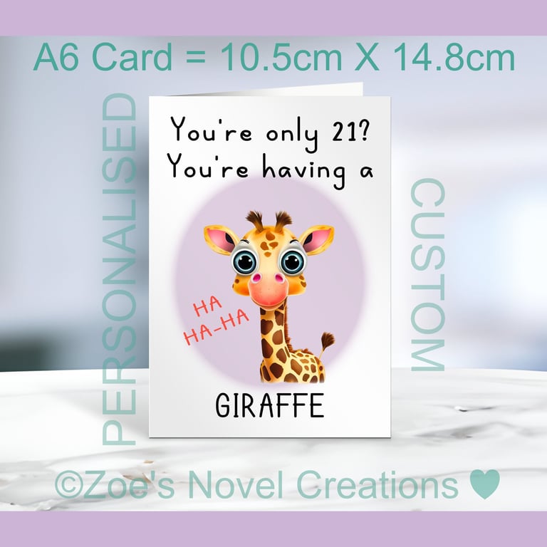 Happy Birthday Giraffe Greetings Card, personalised, A6 10.5cm x 14.8cm