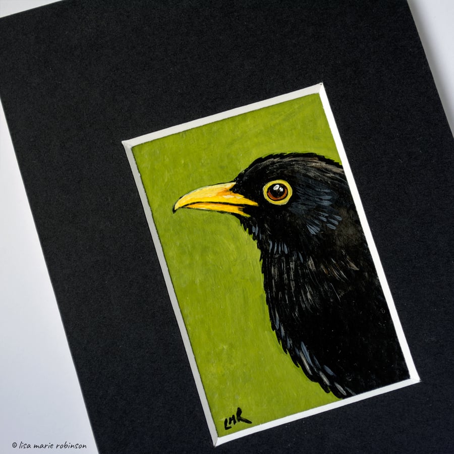 Miniature Acrylic Painting 'Blackbird' 2 x 3 inch - Window Mounted
