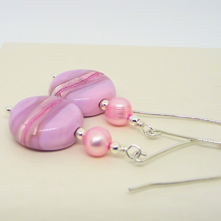 Earrings pink lampwork and freshwater pearl disc sterling silver