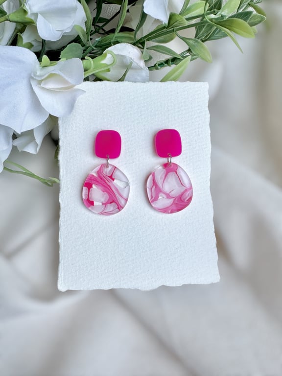Pink Marble Acrylic Earrings - Magenta Square Geometric Drops