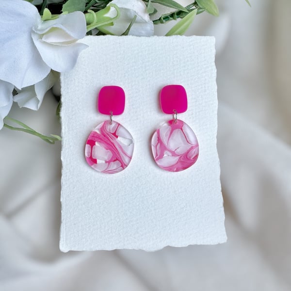 Pink Marble Acrylic Earrings - Magenta Square Geometric Drops