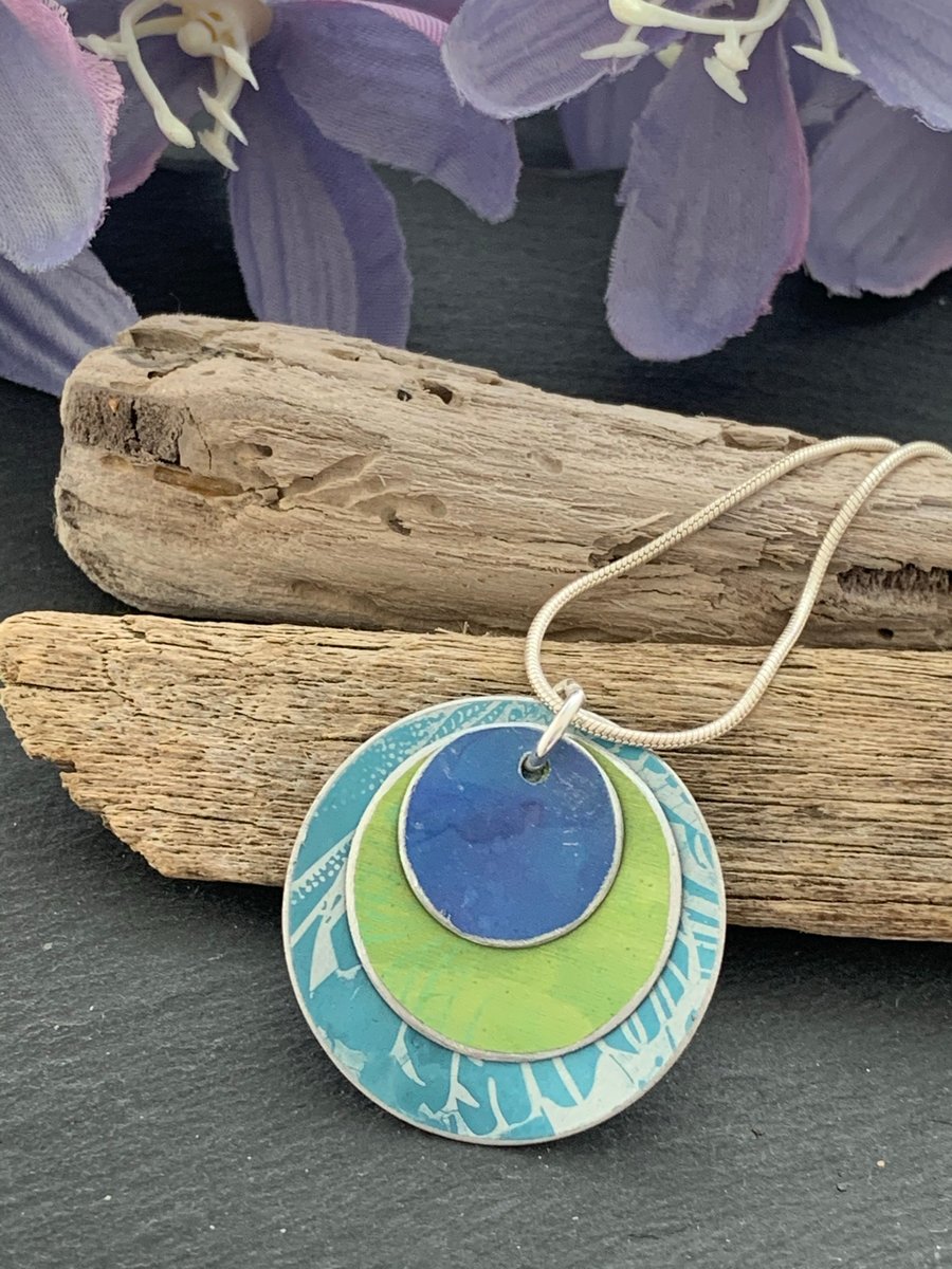Water colour collection - hand painted aluminium pendant, sky blue and lime