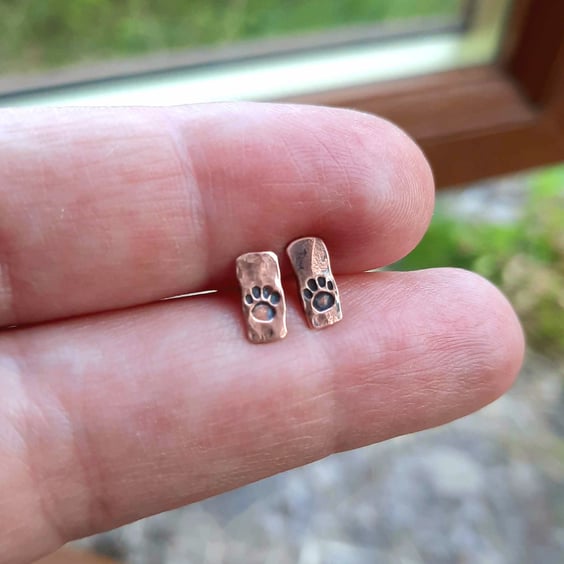 Hammered Copper Paw Print Stud Earrings - Sterling Silver Posts