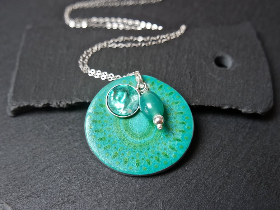 Mandala Abalone Sterling Silver Necklace - turquoise green