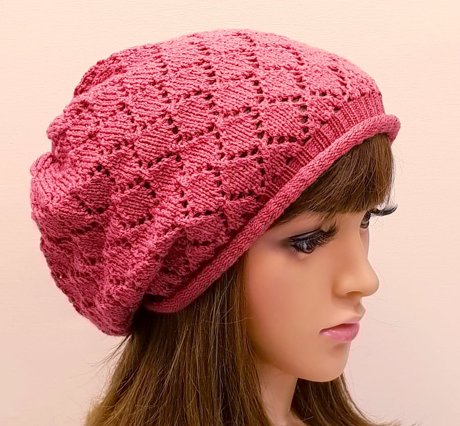 Raspberry lace beret, fall tam for women, slouchy beanie hat, baggy beanie