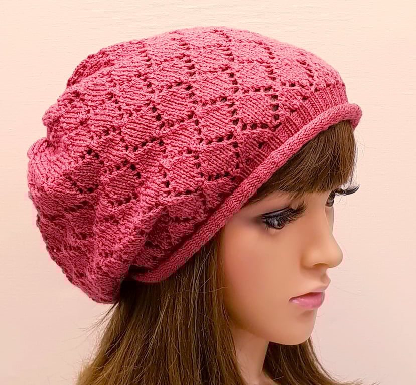 Raspberry lace beret, fall tam for women, slouchy beanie hat, baggy beanie