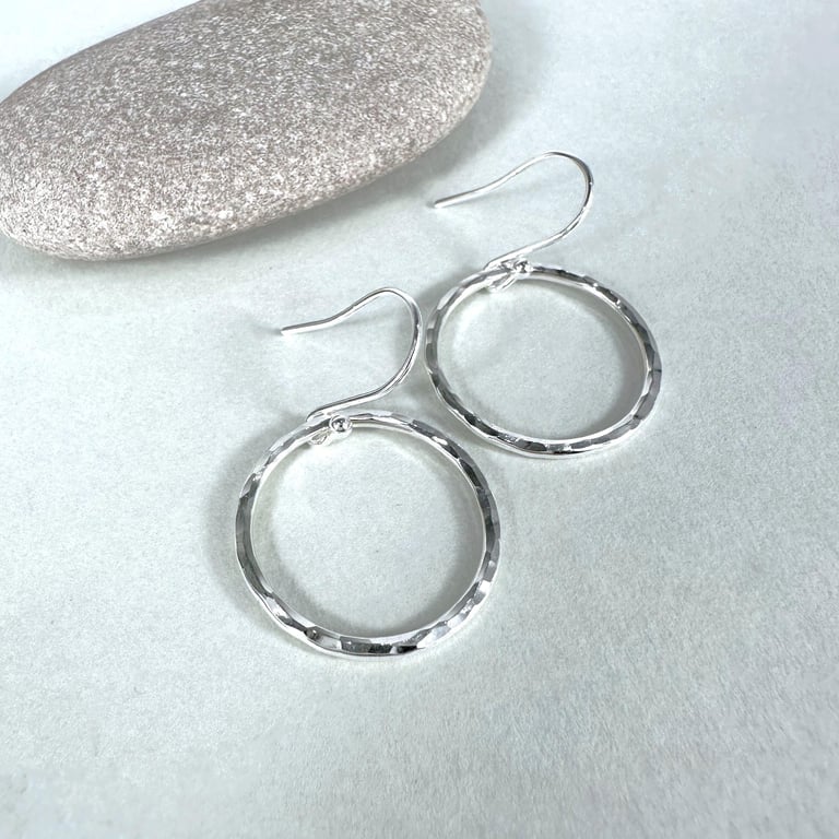 Hammered Sterling Silver Hoop Dangle Earring